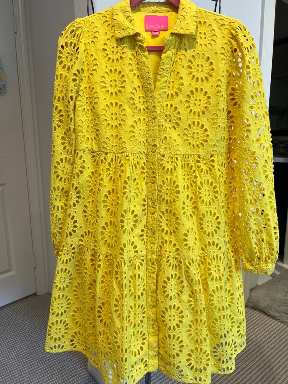 Lilly Pulitzer Yellow Eyelet Lace Long Sleeve Shirt Dress
